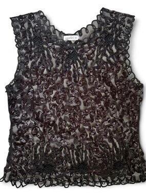 ModeLia black ribbon embroidered mesh beaded sleeveless top size large